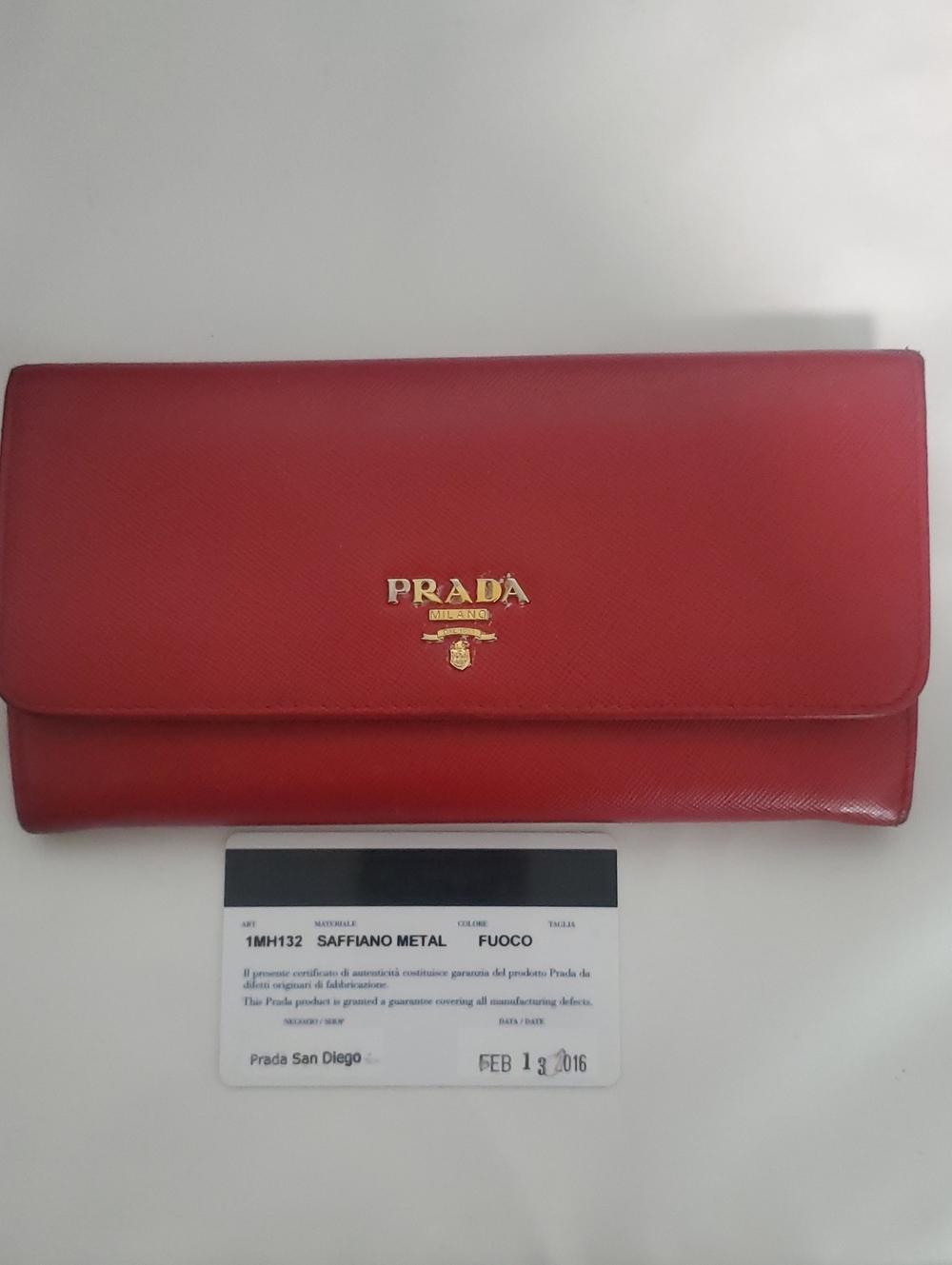 Prada Red Saffiano Leather Flap Wallet with Gold Logo